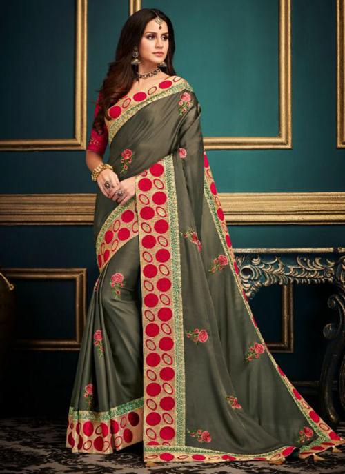 Mehendi Fancy Silk Reception Wear Embroidery Work Saree