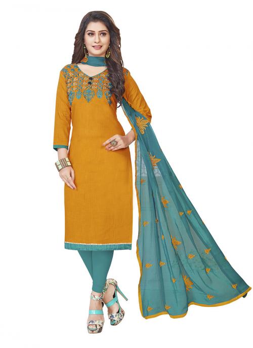 Mustard South Cotton Casual Wear Embroidery Work Churidar Style