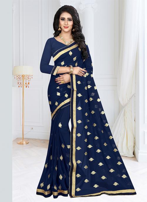 Navy Blue Georgette Daily Wear Embroidery Work Saree