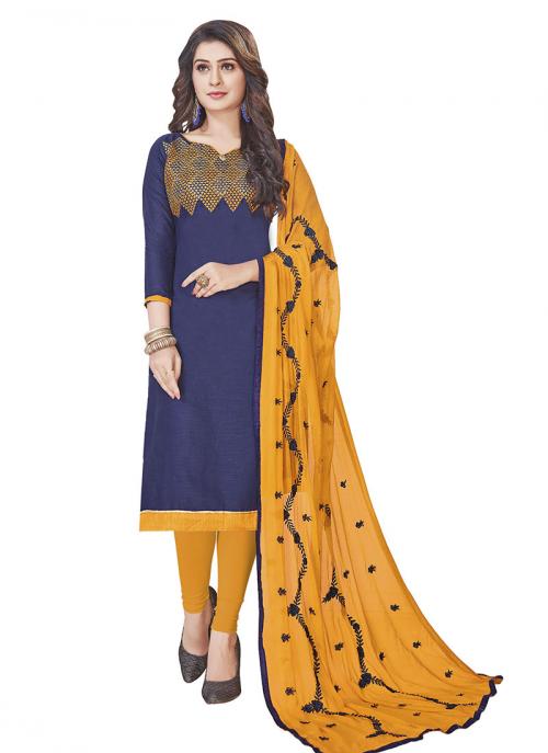 Navy Blue South Cotton Casual Wear Embroidery Work Churidar Style