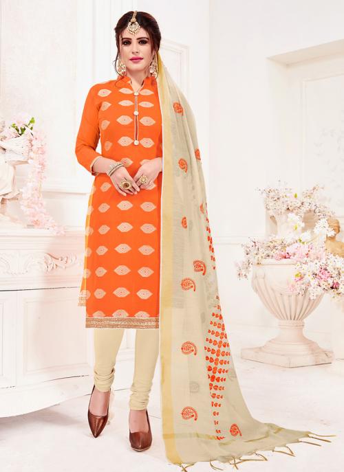 Orange Banarasi Jacquard Daily Wear Fancy Work Churidar Suit