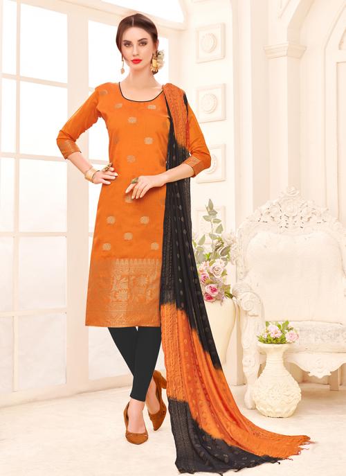 Orange Banarasi Jacquard Regular Wear Churidar Suit