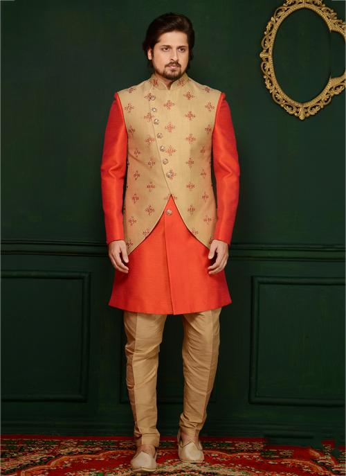 Party Wear Orange Banarasi Silk Embroidery Work Sherwani