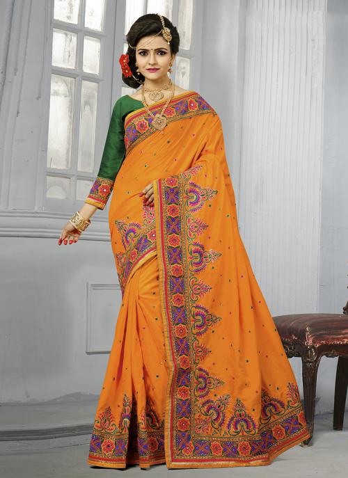 Orange Silk Wedding Wear Thread Work Saree