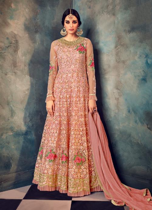 Peach Net Wedding Wear Embroidery Work Anarkali Style