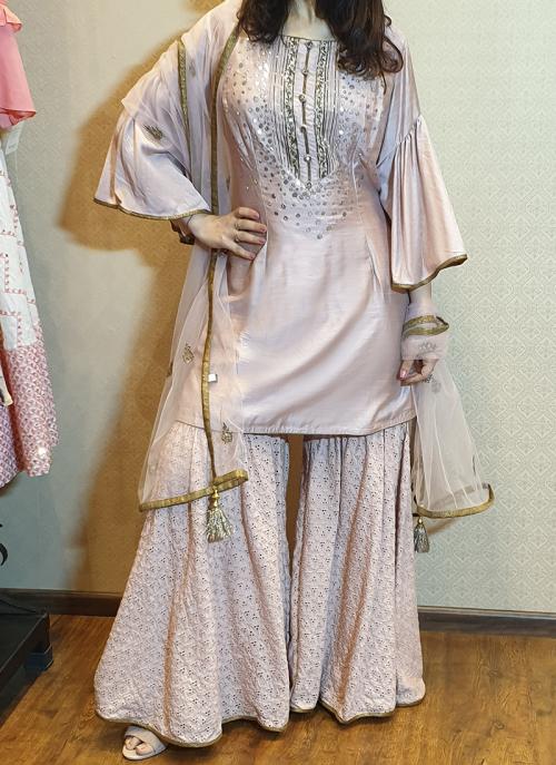 Peach Silk Festival Wear Mirror Work With Chikankari Sharara Suit