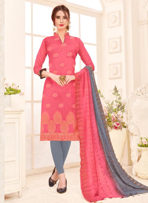 Pink Banarasi Jacquard Regular Wear Churidar Suit