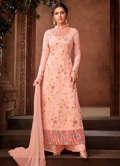 Traditional Wear Pink Georgette Embroidery Work Palazzo Suit