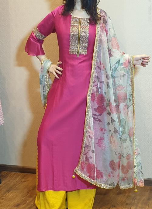Pink Muslin Festival Wear Hand Work Palazzo Suit With Printed Organza Dupatta