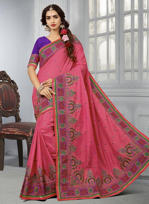 Pink Silk Wedding Wear Thread Work Saree
