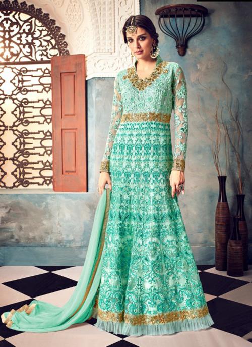 Pista Green Net Wedding Wear Embroidery Work Anarkali Style