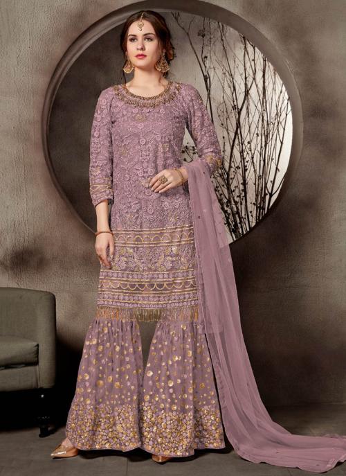 Wedding Wear Purple Net Heavy Embroidery Work Sharara Suit