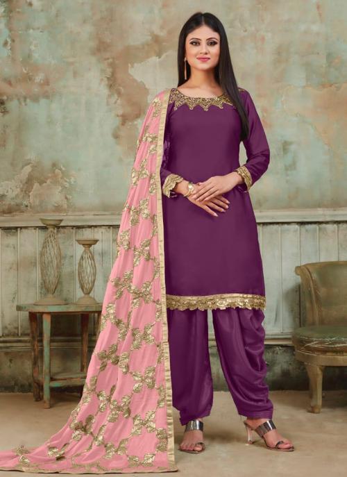Purple Satin Festival Wear Khatli Work Patiala Suit