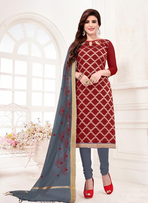 Red Banarasi Jacquard Daily Wear Fancy Work Churidar Suit