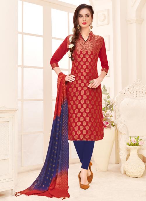 Red Banarasi Jacquard Regular Wear Churidar Suit