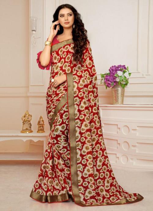 Red Banarasi Silk Regular Wear Printed Work Saree