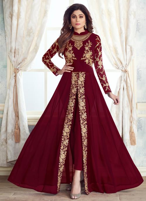 Shamita Shetty Red Georgette Party Wear Embroidery Work Anarkali Suit