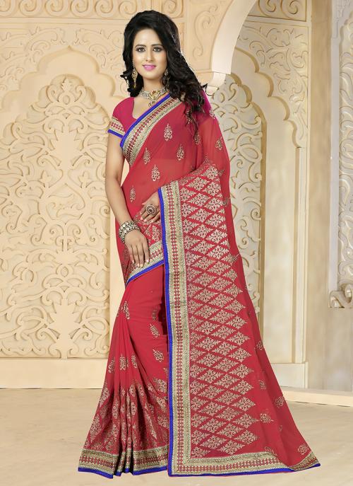Red Georgette Party Wear Embroidery Work Saree