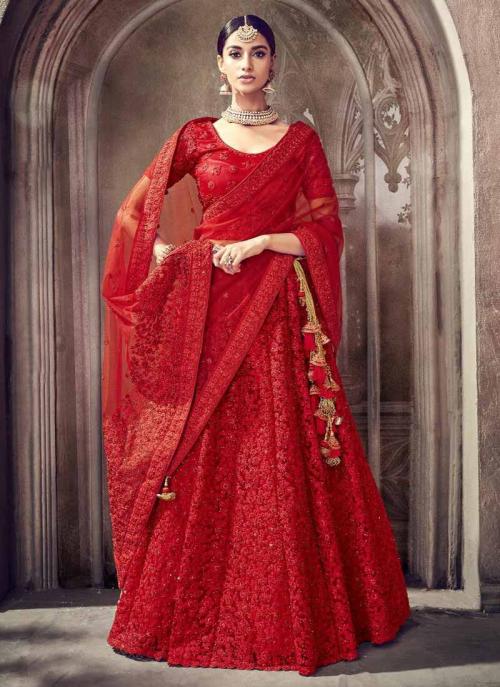 Red Net Bridal Wear Coading Work Lehenga Choli