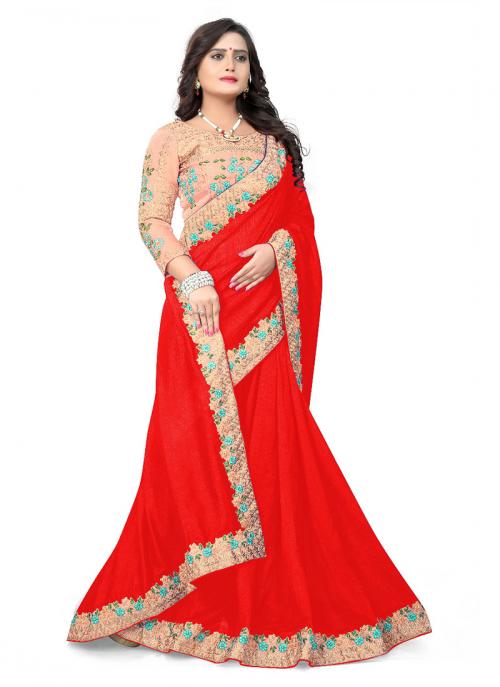 Red Silk Festival Wear Lace Work Saree
