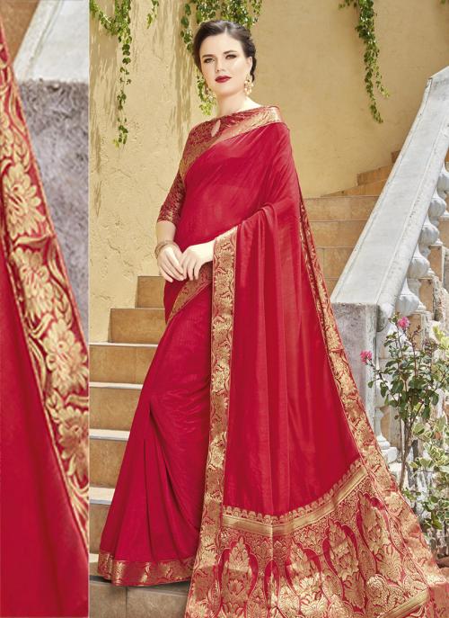 Red Festival Wear Lace Work Vichitra Silk Saree