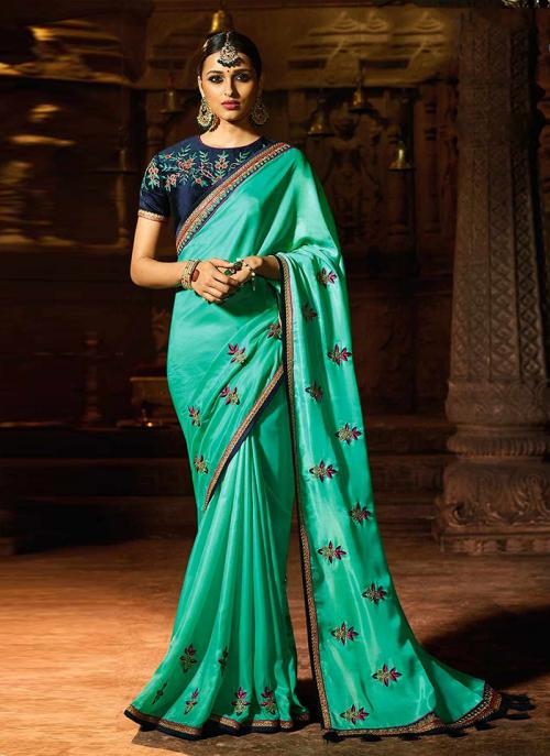 Teal Silk Party Wear Lace Work Saree