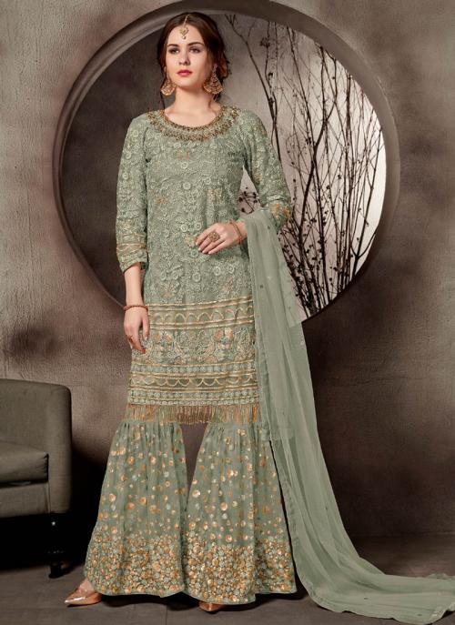Net Turquoise Wedding Wear Heavy Embroidery Work Sharara Suit
