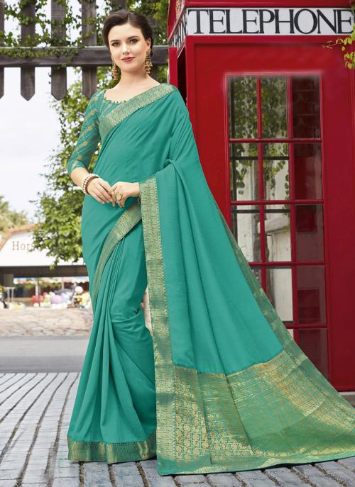 Turquoise Vichitra Silk Lace Work Festival Wear Saree