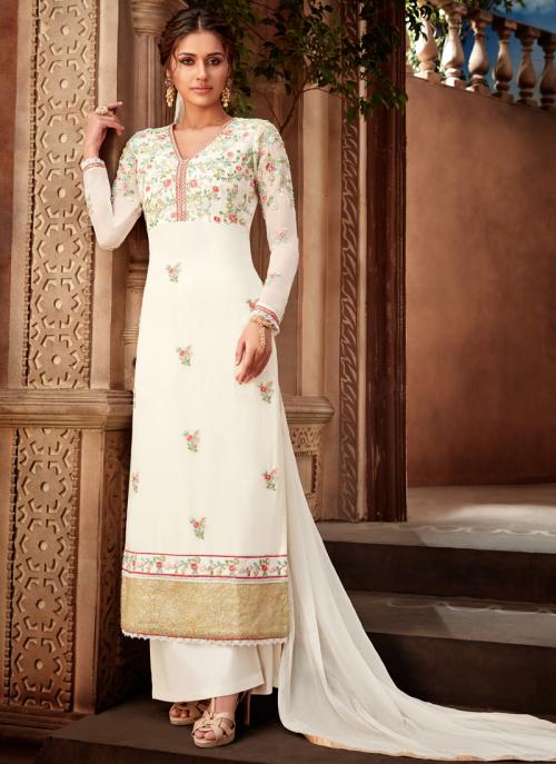 White Georgette Traditional Wear Embroidery Work Palazzo Suit