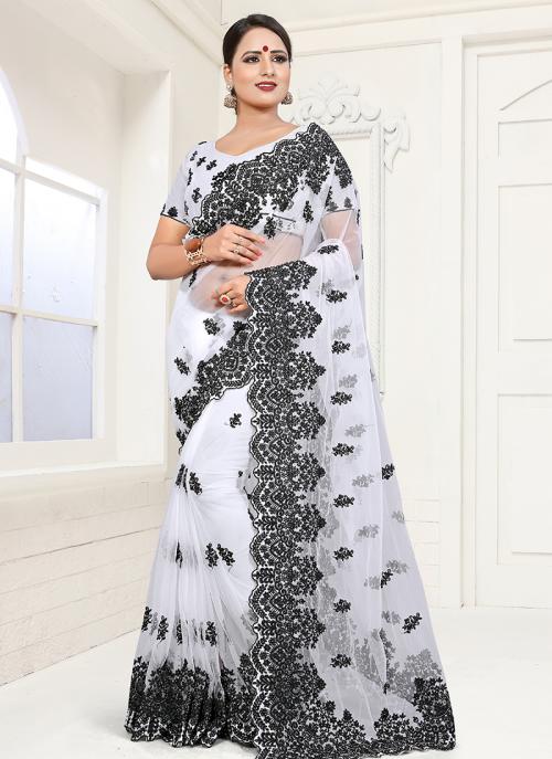 Buy White Net Wedding Wear Black Resham Work Saree Online From Wholesale Salwar.