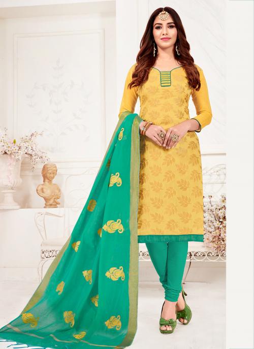Yellow Banarasi Jacquard Daily Wear Fancy Work Churidar Suit