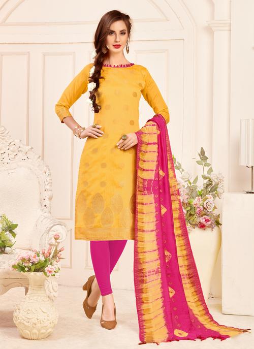 Yellow Banarasi Jacquard Regular Wear Churidar Suit