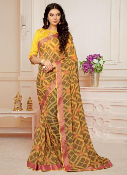 Yellow Banarasi Silk Regular Wear Printed Work Saree