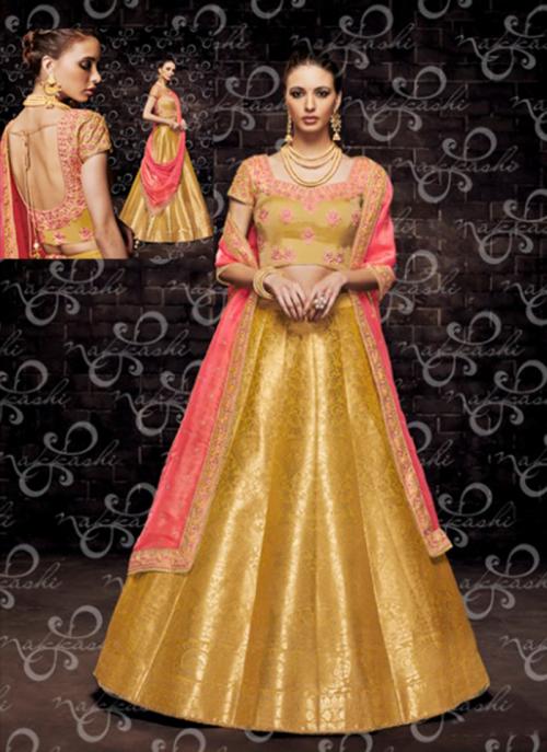 Buy Yellow Brocade Party Wear Zari Work Lehenga Choli Online