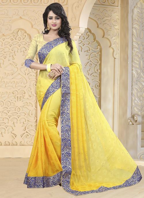 Yellow Jacqaurd Party Wear Embroidery Work Saree
