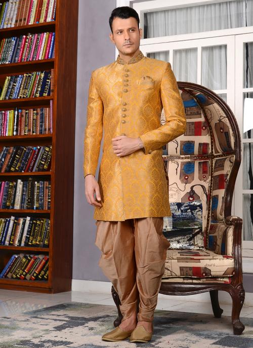 Yellow Jacqaurd Silk Bridal Wear Embroidery Work Sherwani
