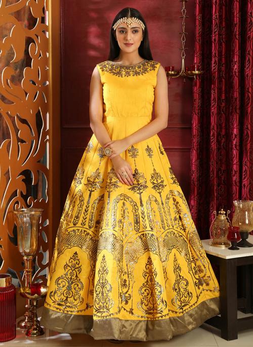 Cutdana Work Yellow Silk Wedding Wear Gown