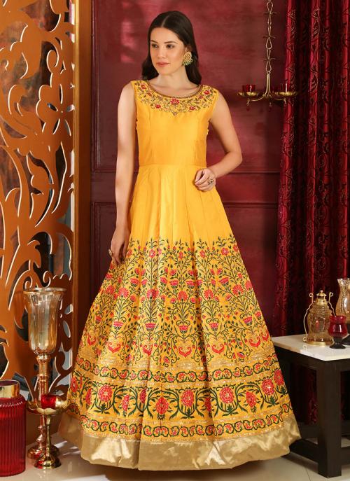 Wedding Wear Cutdana Work Yellow Silk Gown