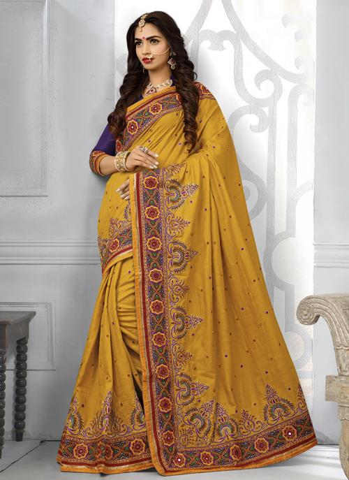 Yellow Silk Wedding Wear Thread Work Saree