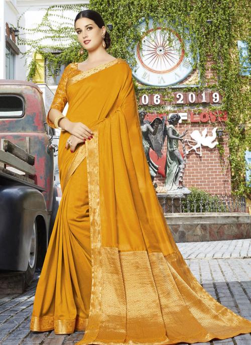 Lace Work Yellow Vichitra Silk Festival Wear Saree