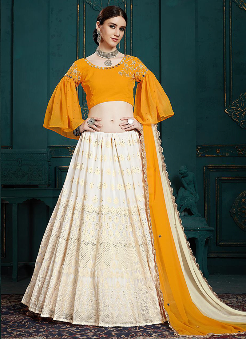 yellow and off white lehenga