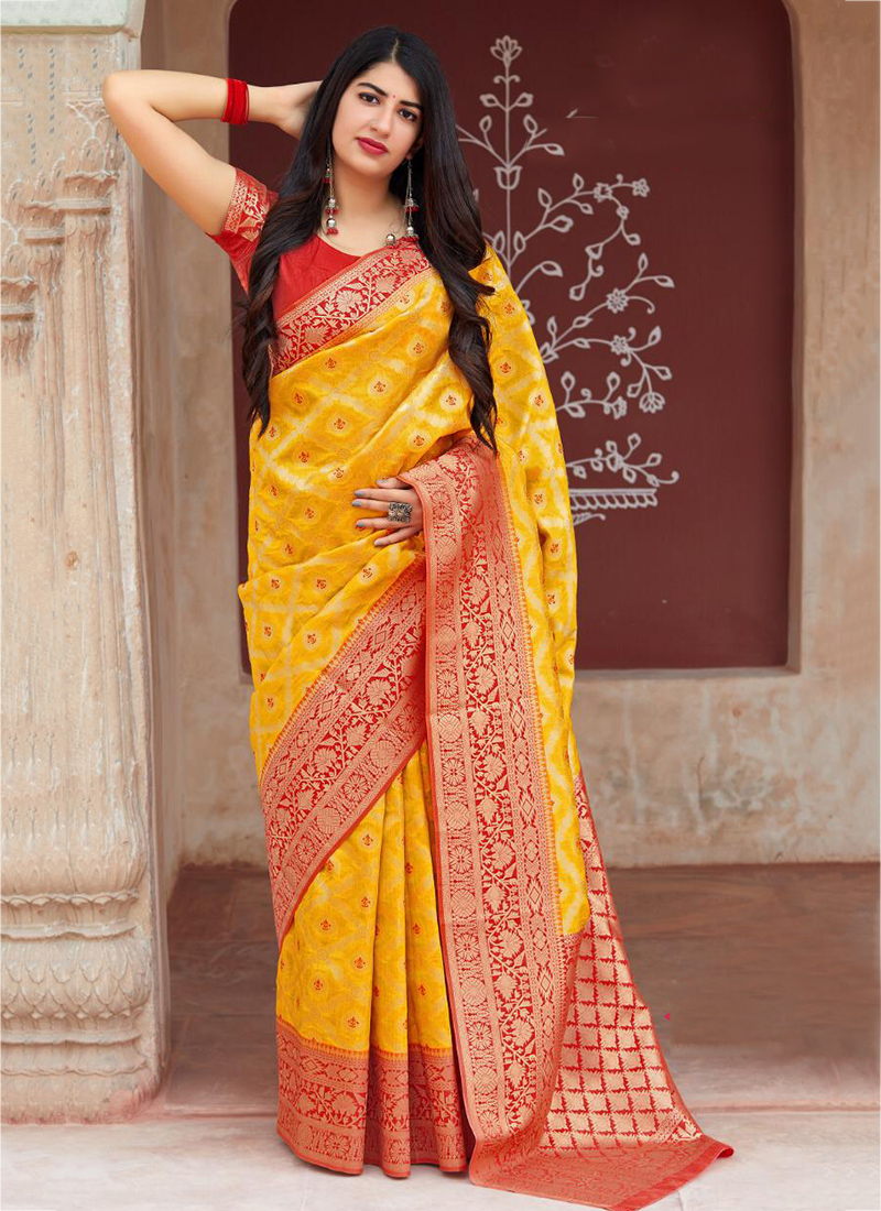 Buy Yellow Banarasi Silk Wedding Wear Zari Work Saree Online From ...