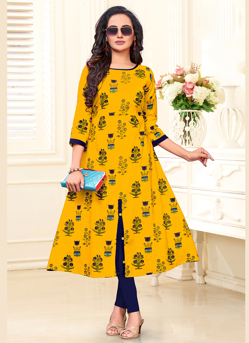 Buy Regular Wear Yellow Embroidery Work Cotton Blend Kurti Online From  Surat Wholesale Shop